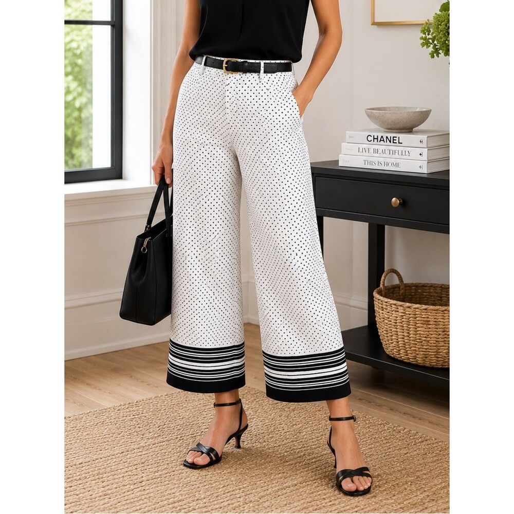 Ann Taylor Wide Leg Cropped Pants 6 Black White Polka Dot Office Career Resort